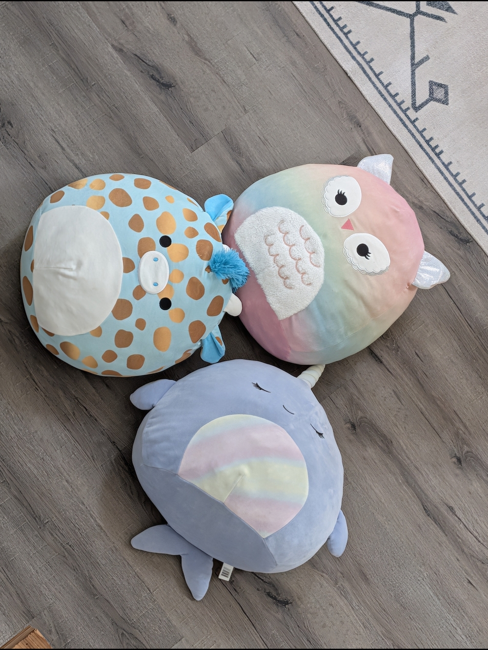 Squishmallow Plush Animal Pillows - Pastel Owl, Blue Narwhal & Spotted Giraffe